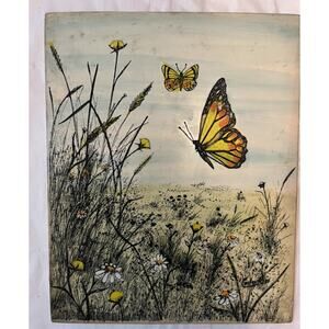 Tile Art  Carlos Rios Painted Etched Butterfly & Flowers